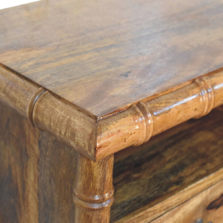 Bamboo Open Bedside Table in Amber Oak Tone - Solid Mango Wood Nightstand with Shelf - product view 7 showing handcrafted...