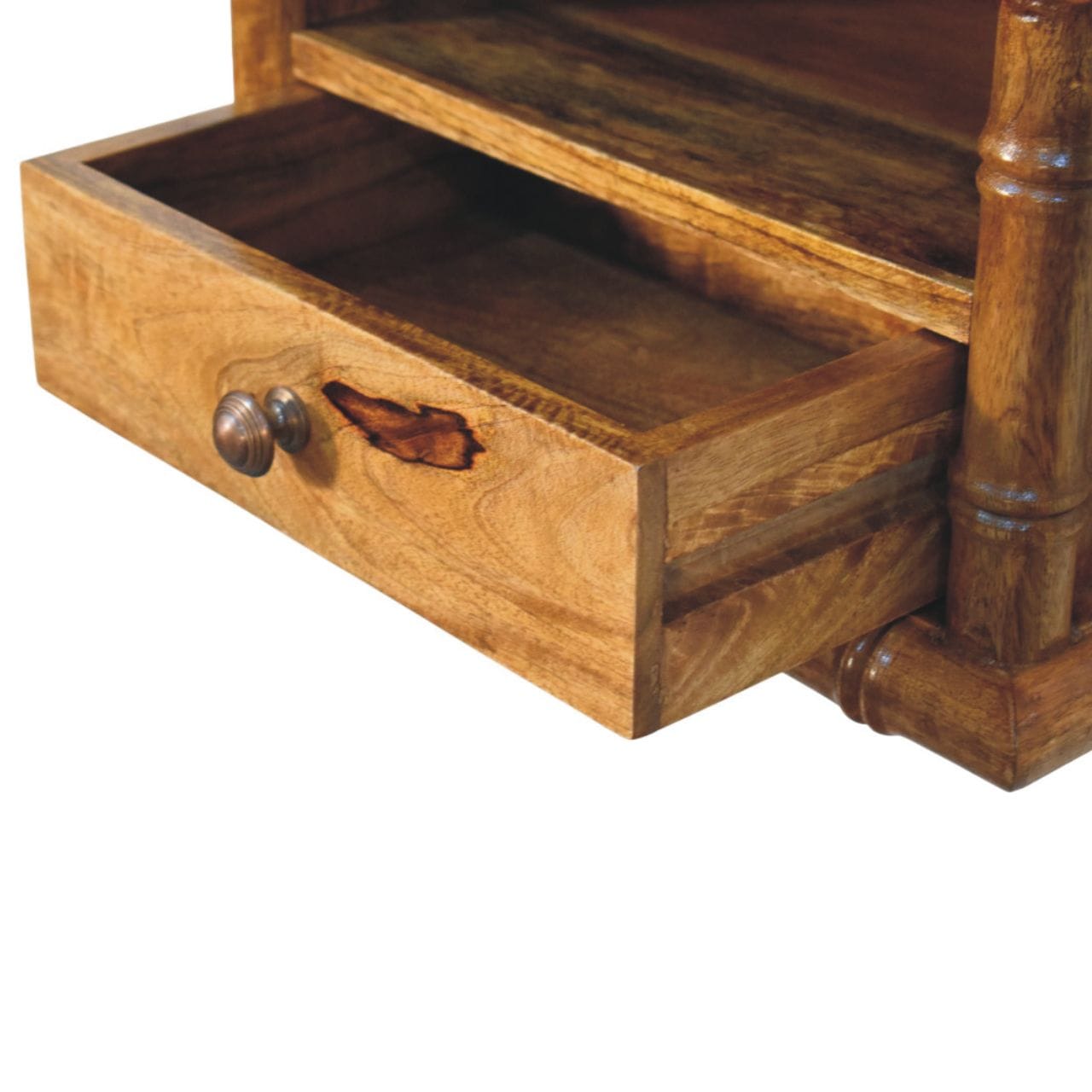 Bamboo Open Bedside Table in Amber Oak Tone - Solid Mango Wood Nightstand with Shelf - product view 8 showing handcrafted...