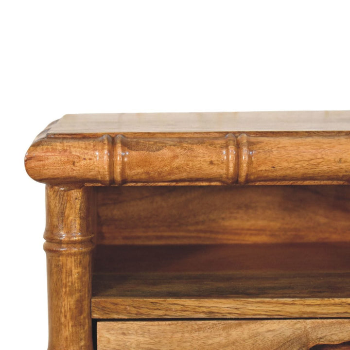 Bamboo Open Bedside Table in Amber Oak Tone - Solid Mango Wood Nightstand with Shelf - product view 5 showing handcrafted...