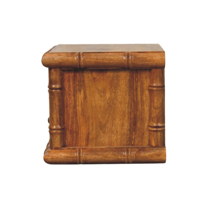 Bamboo Open Bedside Table in Amber Oak Tone - Solid Mango Wood Nightstand with Shelf - product view 9 showing handcrafted...