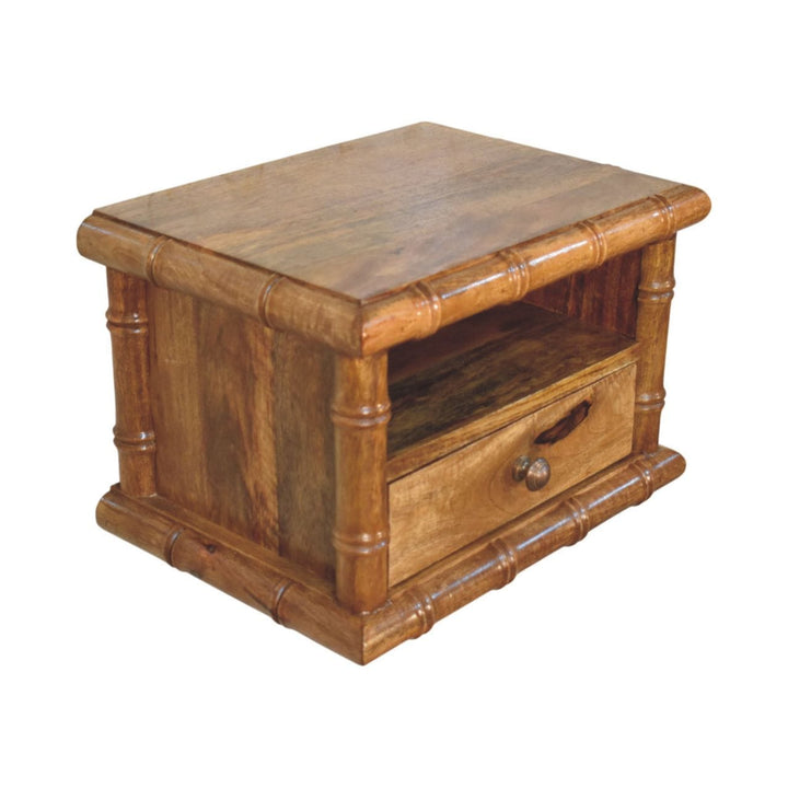 Bamboo Open Bedside Table in Amber Oak Tone - Solid Mango Wood Nightstand with Shelf - product view 6 showing handcrafted...