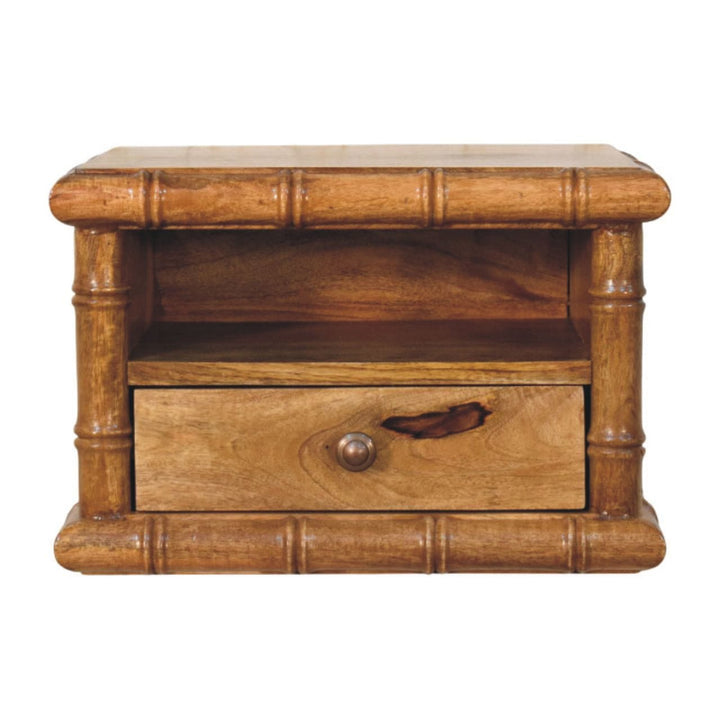 Bamboo Open Bedside Table in Amber Oak Tone - Solid Mango Wood Nightstand with Shelf - product view 2 showing handcrafted...