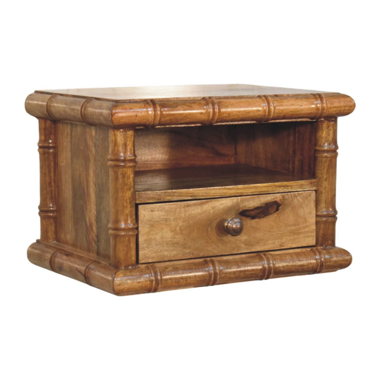 Bamboo Open Bedside Table in Amber Oak Tone - Solid Mango Wood Nightstand with Shelf - product view 4 showing handcrafted...
