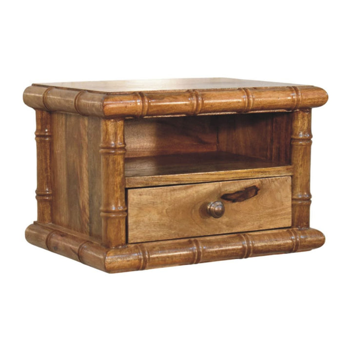 Bamboo Open Bedside Table in Amber Oak Tone - Solid Mango Wood Nightstand with Shelf - product view 4 showing handcrafted...