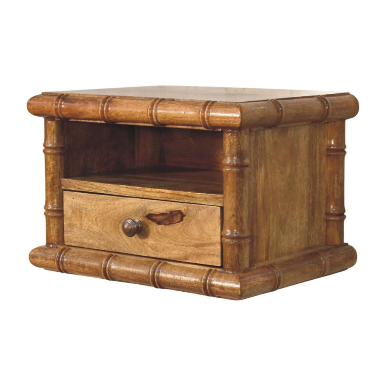 Bamboo Open Bedside Table in Amber Oak Tone - Solid Mango Wood Nightstand with Shelf - product view 3 showing handcrafted...