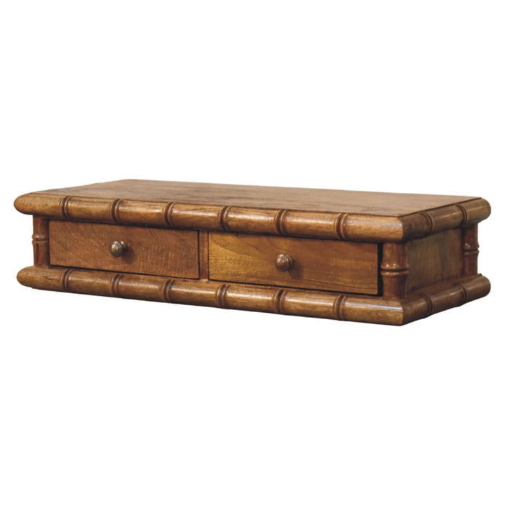 Bamboo Wall-Mounted Console Table in Amber Oak Tone - Solid Mango Wood Floating Console - product view 3 showing...