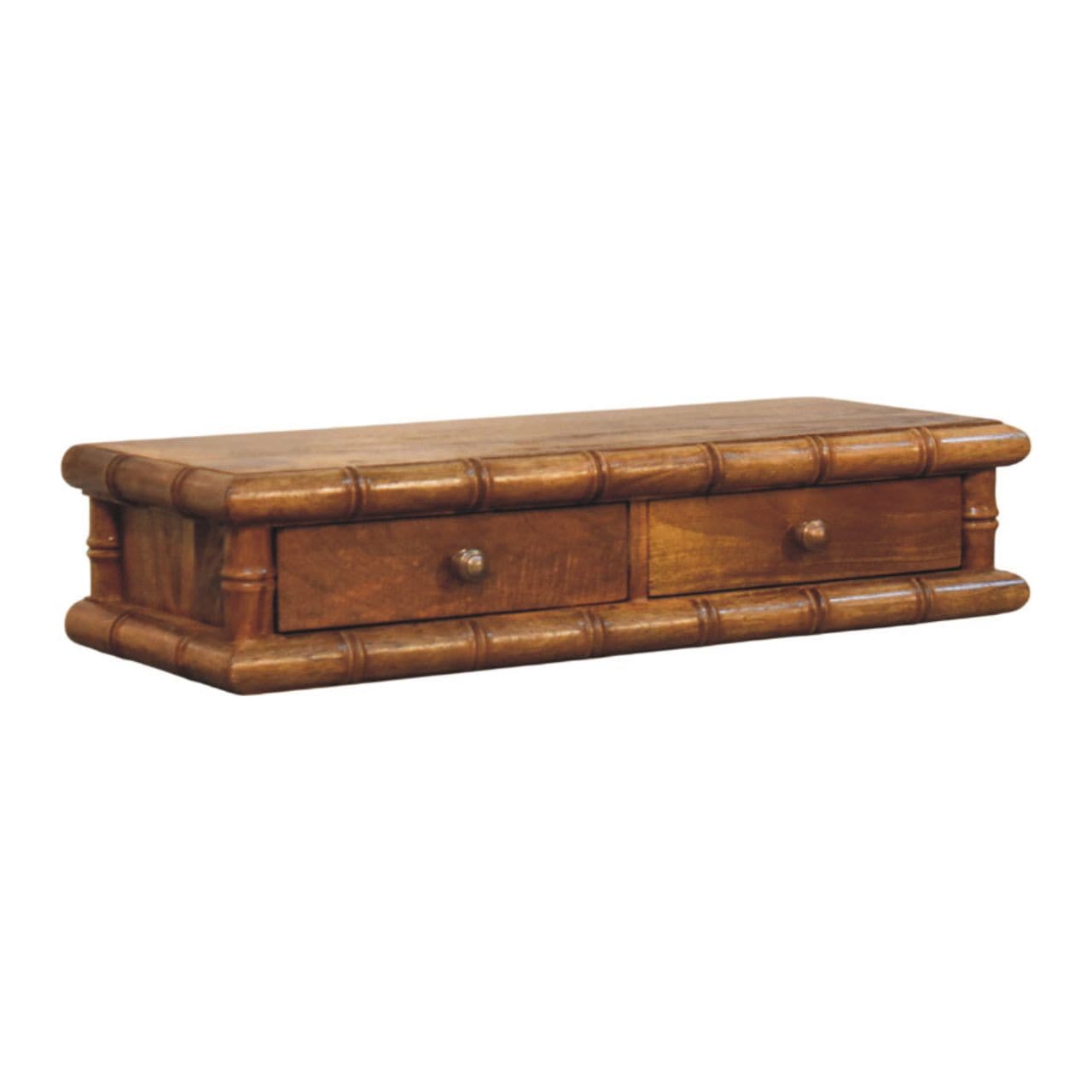 Bamboo Wall-Mounted Console featuring handcrafted design, warm Amber Oak finish, and bamboo-inspired detailing.