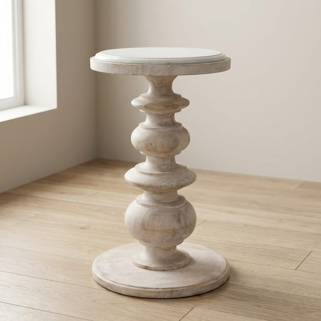 Bellis Marble End Table - Solid Mango Wood Side Table for Living Room - main view showing handcrafted solid mango wood...
