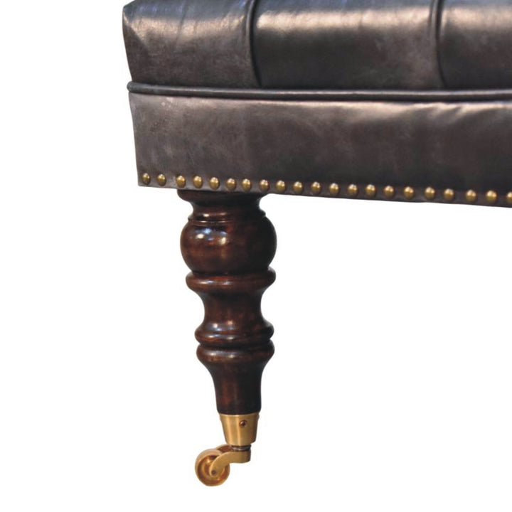 Black Leather Upholstered Ottoman in Solid Mango Wood - product view 5 showing handcrafted solid mango wood stool
