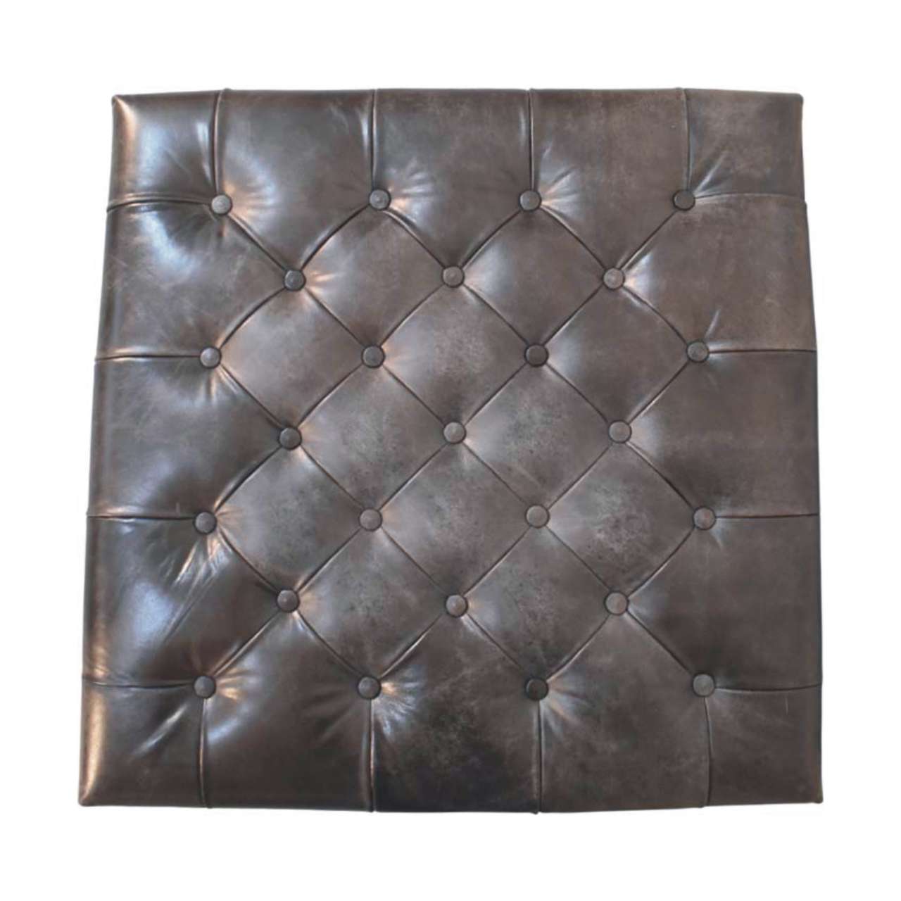 Black Leather Upholstered Ottoman in Solid Mango Wood - product view 7 showing handcrafted solid mango wood stool