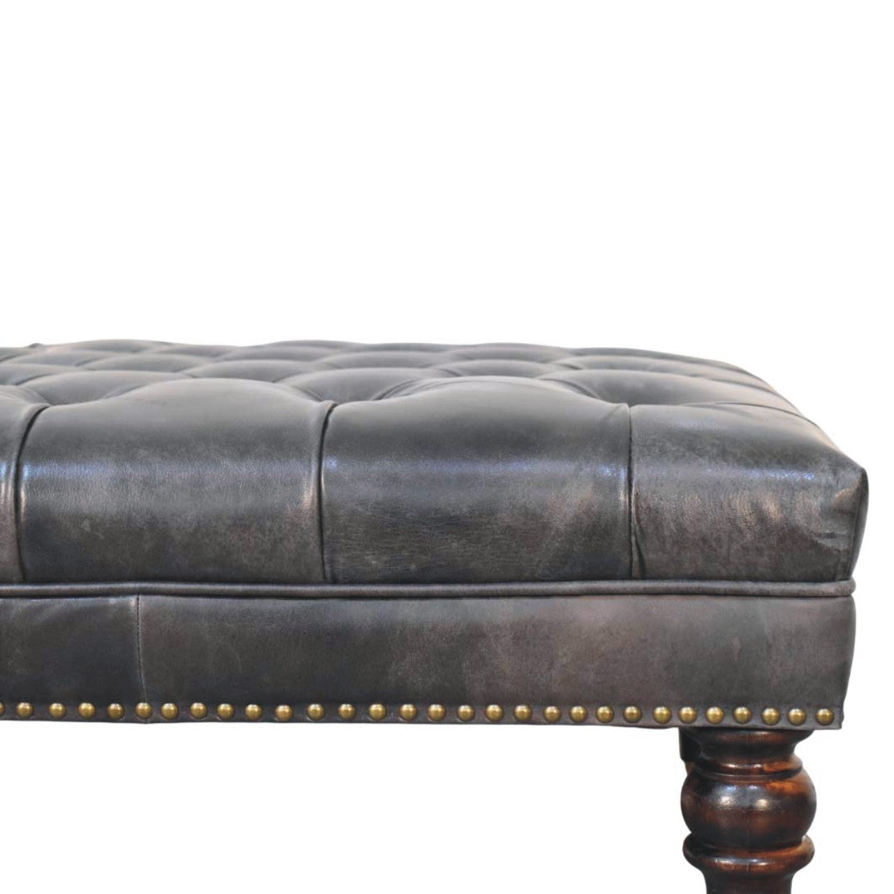 Black Leather Upholstered Ottoman in Solid Mango Wood - product view 3 showing handcrafted solid mango wood stool