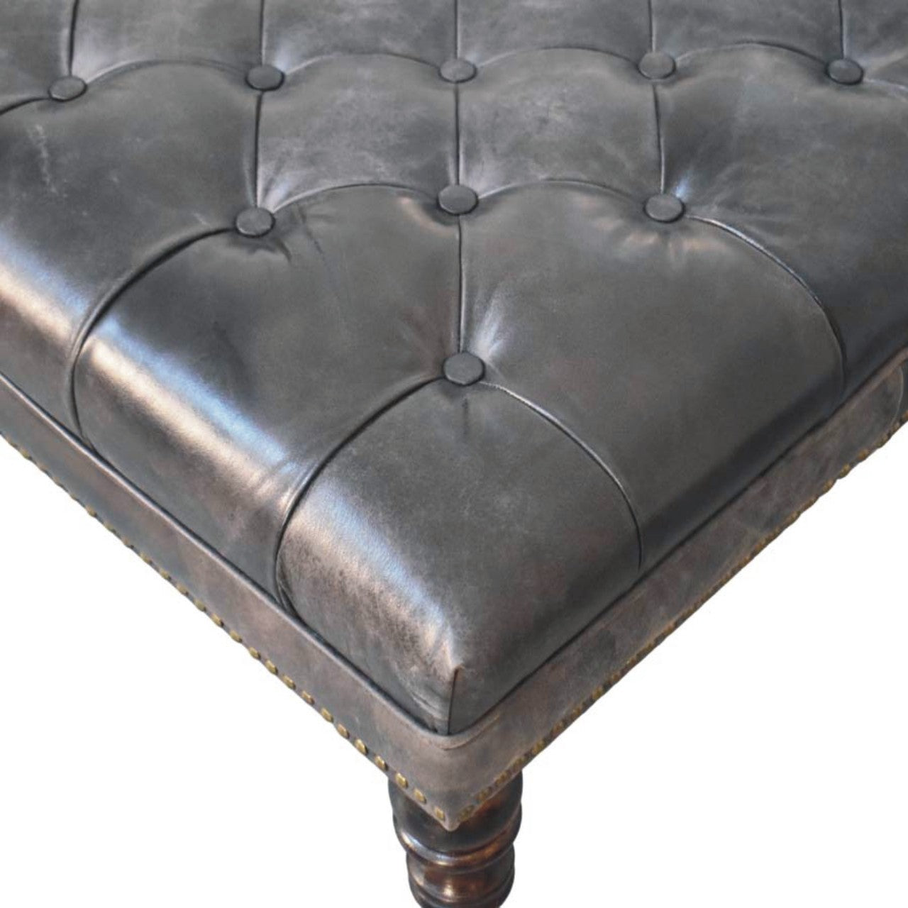 Black Leather Upholstered Ottoman in Solid Mango Wood - product view 4 showing handcrafted solid mango wood stool