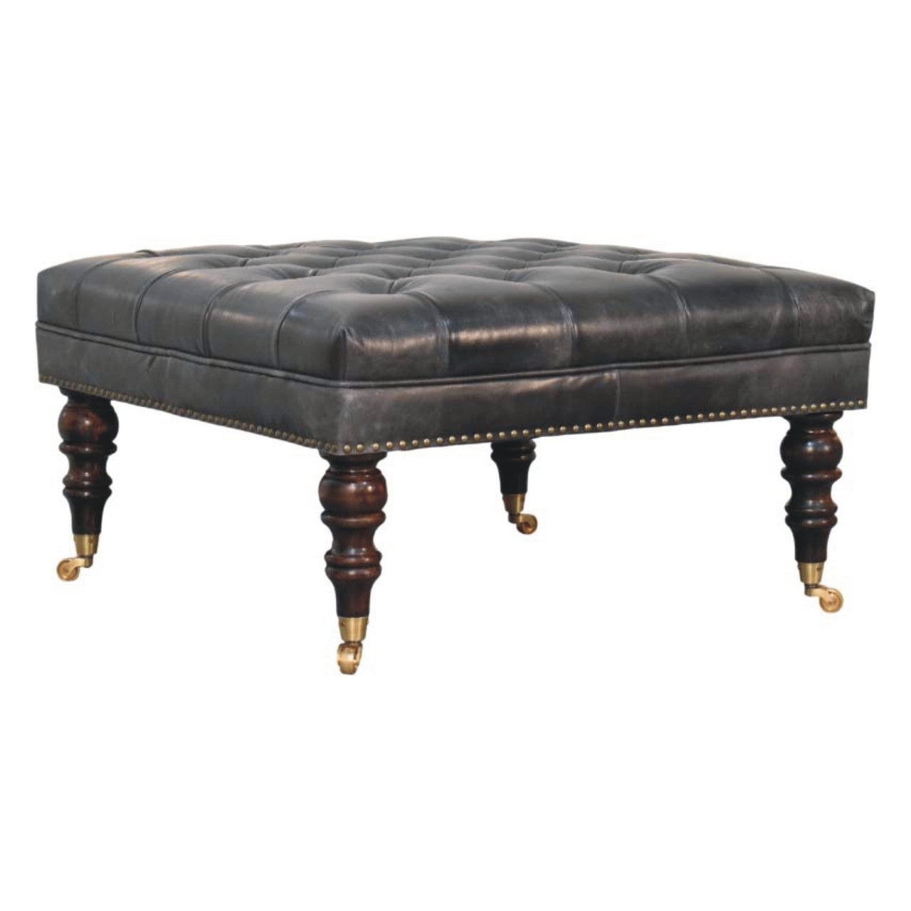 Black Leather Upholstered Ottoman in Solid Mango Wood - main view showing handcrafted solid mango wood stool