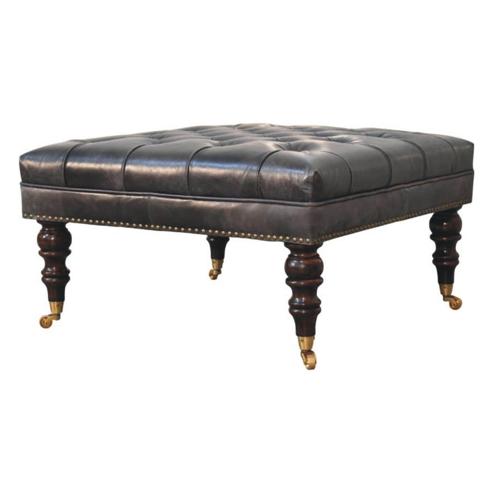 Black Leather Upholstered Ottoman in Solid Mango Wood - product view 2 showing handcrafted solid mango wood stool