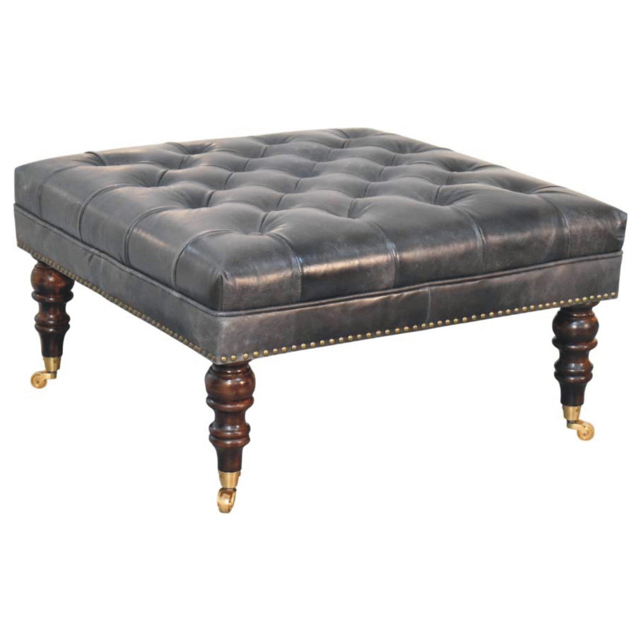 Black Leather Upholstered Ottoman in Solid Mango Wood - product view 6 showing handcrafted solid mango wood stool
