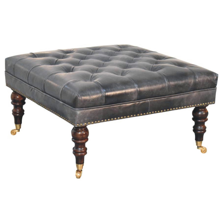 Black Leather Upholstered Ottoman in Solid Mango Wood - product view 6 showing handcrafted solid mango wood stool