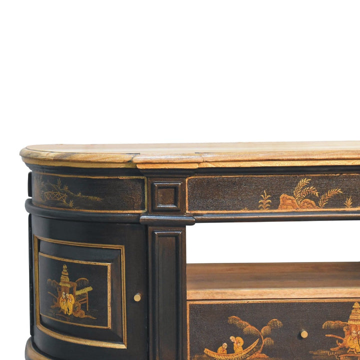 Black Oriental 2 TV Stand - Solid Mango Wood Entertainment Center for Living Room - product view 3 showing handcrafted...