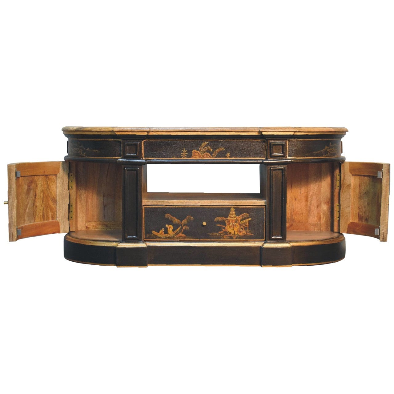 Black Oriental 2 TV Stand - Solid Mango Wood Entertainment Center for Living Room - product view 6 showing handcrafted...