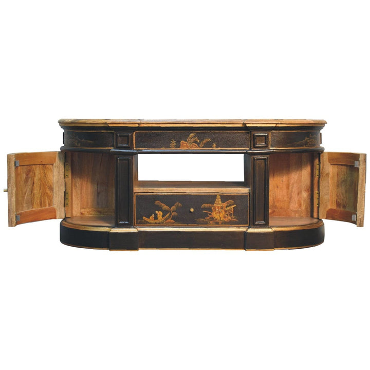 Black Oriental 2 TV Stand - Solid Mango Wood Entertainment Center for Living Room - product view 6 showing handcrafted...