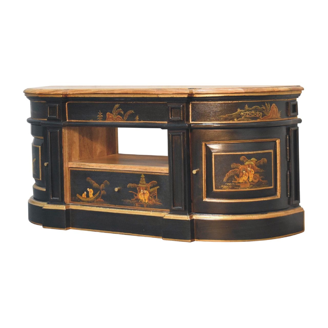 Black Oriental 2 TV Stand - Solid Mango Wood Entertainment Center for Living Room - product view 2 showing handcrafted...