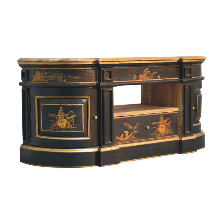 Black Oriental 2 TV Stand - Solid Mango Wood Entertainment Center for Living Room - main view showing handcrafted solid...