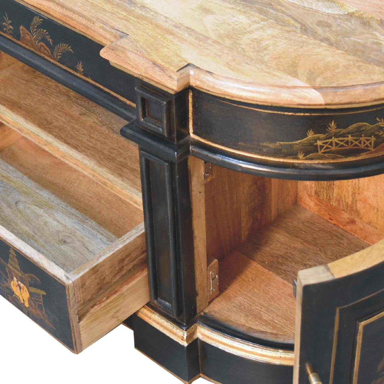 Black Oriental 2 TV Stand - Solid Mango Wood Entertainment Center for Living Room - product view 5 showing handcrafted...