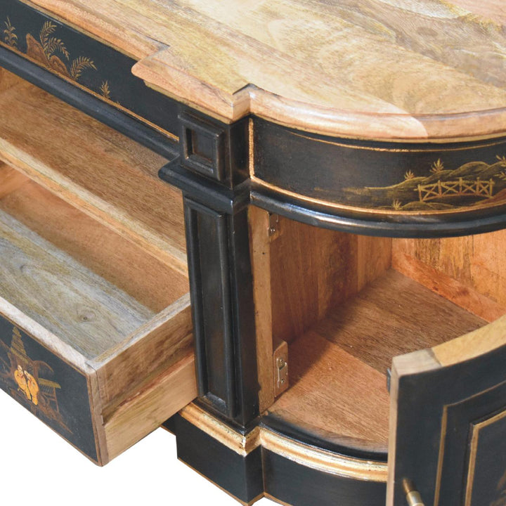 Black Oriental 2 TV Stand - Solid Mango Wood Entertainment Center for Living Room - product view 5 showing handcrafted...