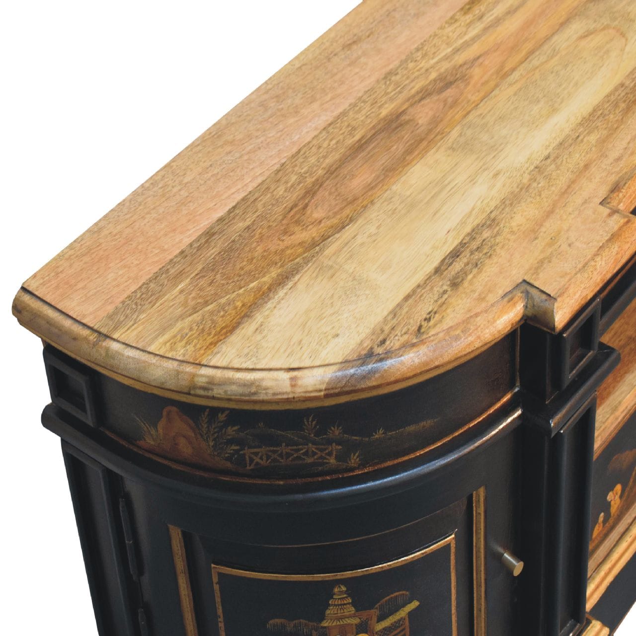 Black Oriental 2 TV Stand - Solid Mango Wood Entertainment Center for Living Room - product view 4 showing handcrafted...
