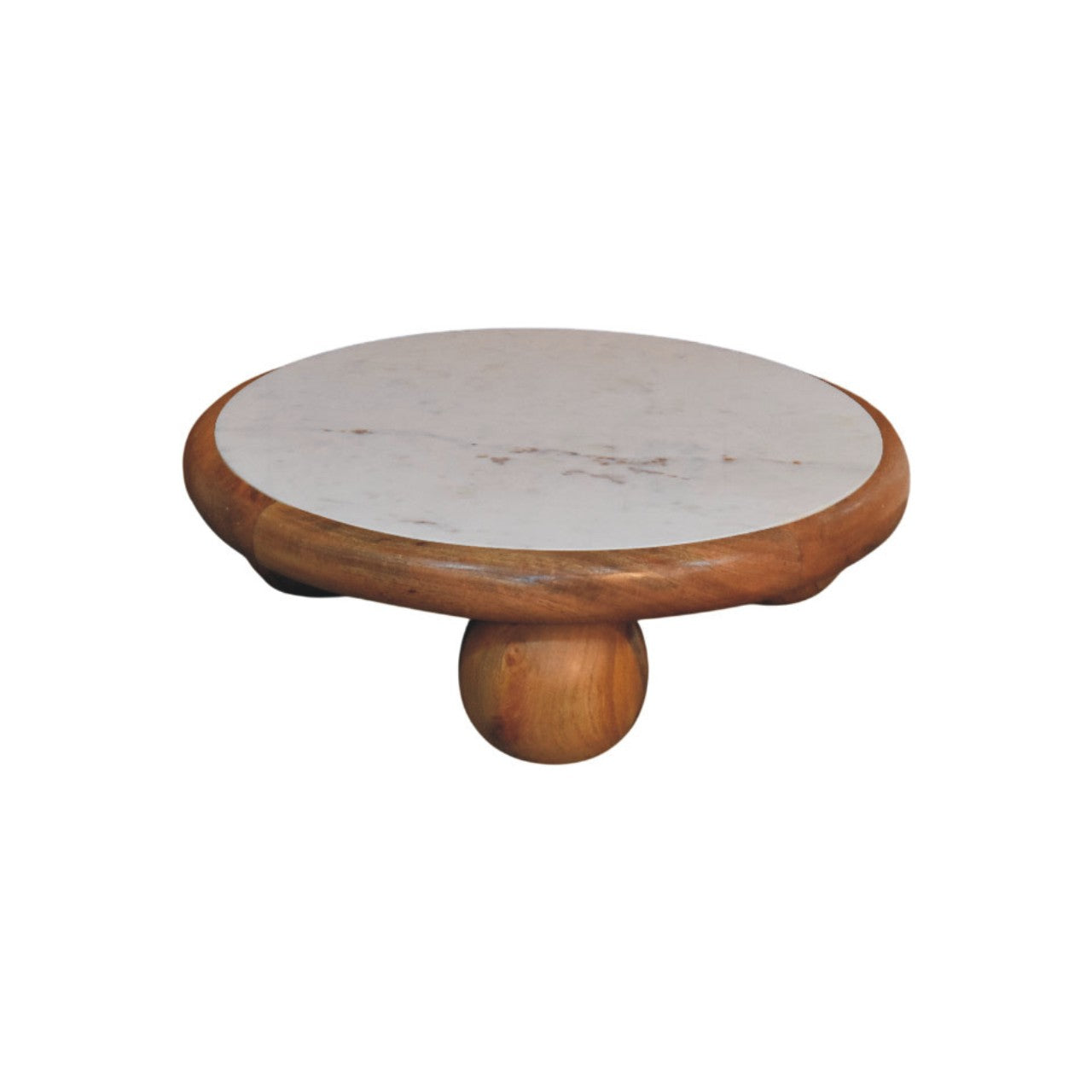 Oakish Bola Round Coffee Table in Solid Mango Wood - main view showing handcrafted solid mango wood coffee table