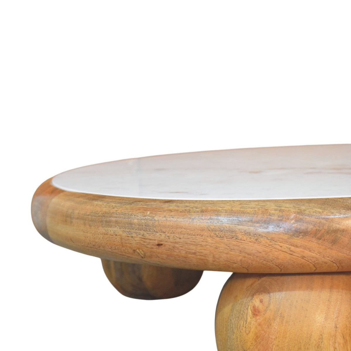 Oakish Bola Round Coffee Table in Solid Mango Wood - product view 3 showing handcrafted solid mango wood coffee table