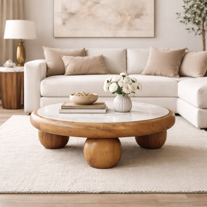 Oakish Bola Round Coffee Table in Solid Mango Wood - product view 7 showing handcrafted solid mango wood coffee table