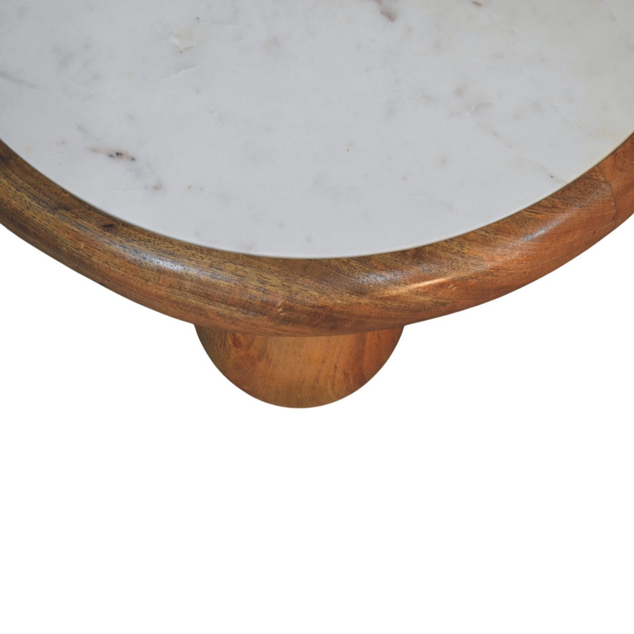 Oakish Bola Round Coffee Table in Solid Mango Wood - product view 2 showing handcrafted solid mango wood coffee table