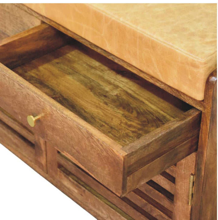 Amber Oak Bola Shoe Storage Bench in Solid Mango Wood - product view 6 showing handcrafted solid mango wood bench
