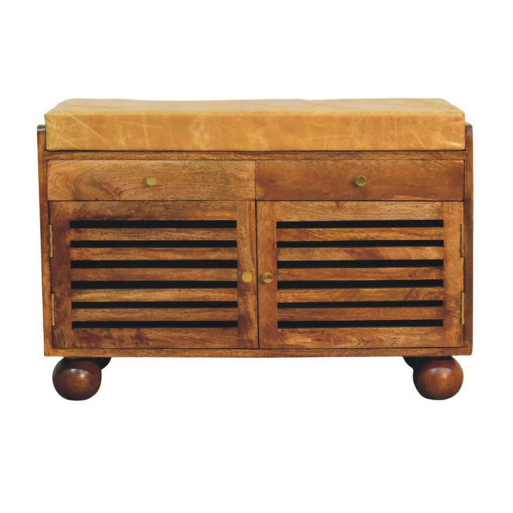 Amber Oak Bola Shoe Storage Bench in Solid Mango Wood - main view showing handcrafted solid mango wood bench