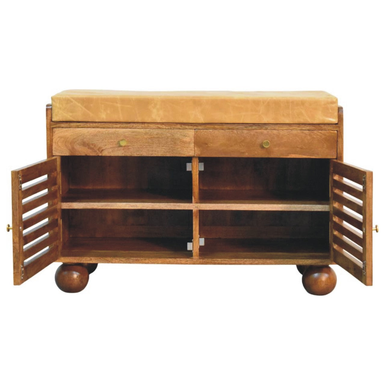 Amber Oak Bola Shoe Storage Bench in Solid Mango Wood - product view 8 showing handcrafted solid mango wood bench