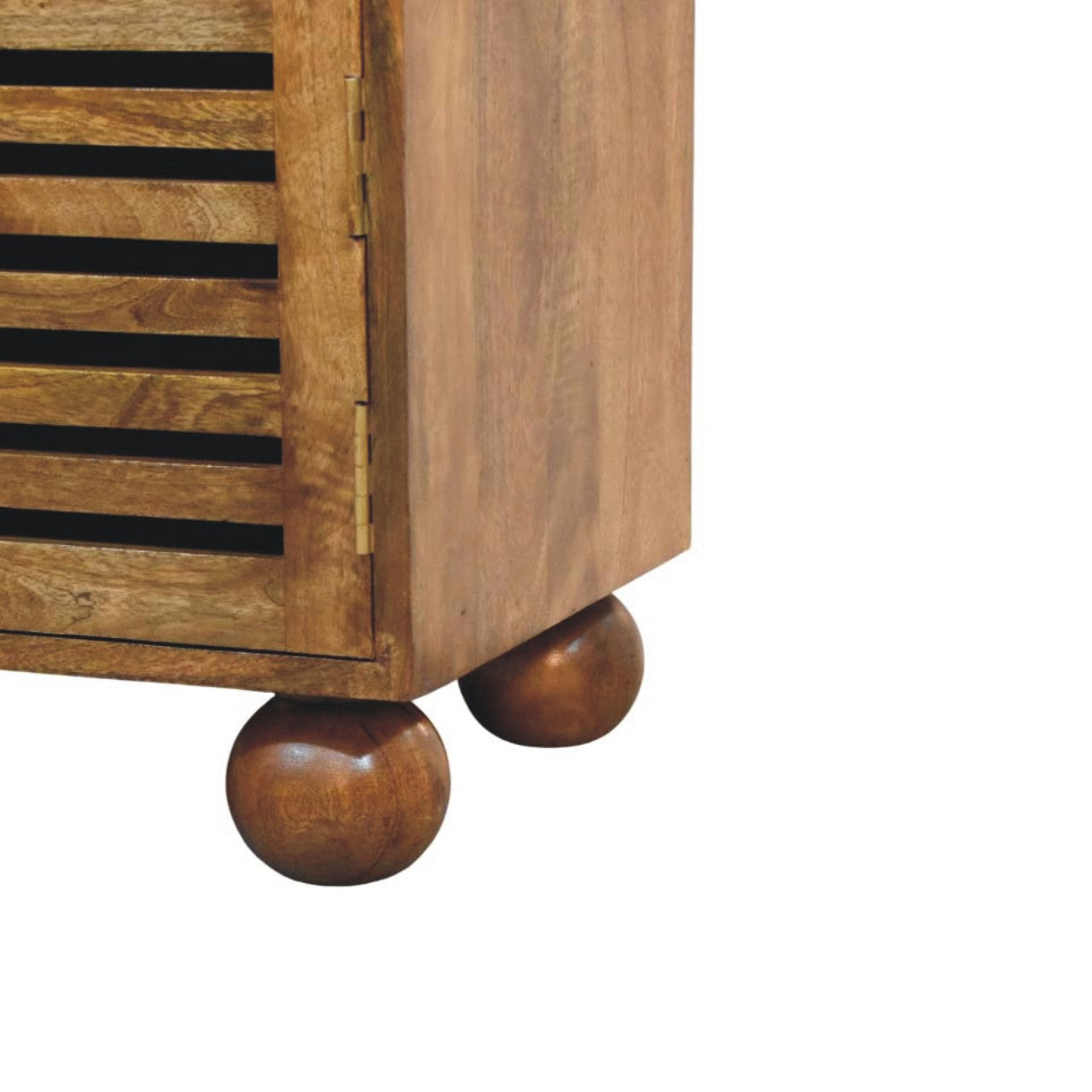 Amber Oak Bola Shoe Storage Bench in Solid Mango Wood - product view 7 showing handcrafted solid mango wood bench