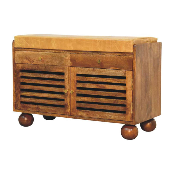 Amber Oak Bola Shoe Storage Bench in Solid Mango Wood - product view 3 showing handcrafted solid mango wood bench