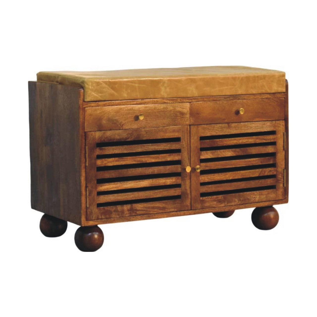 Amber Oak Bola Shoe Storage Bench in Solid Mango Wood - product view 2 showing handcrafted solid mango wood bench