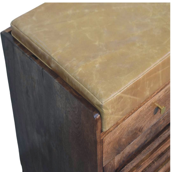 Amber Oak Bola Shoe Storage Bench in Solid Mango Wood - product view 5 showing handcrafted solid mango wood bench