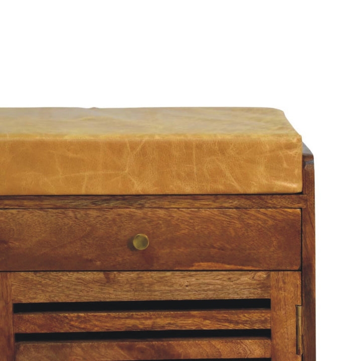 Amber Oak Bola Shoe Storage Bench in Solid Mango Wood - product view 4 showing handcrafted solid mango wood bench