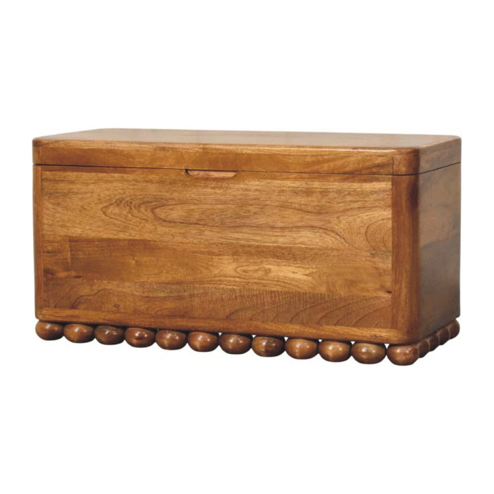 Amber Oak Bola Storage Trunk Bench in Solid Mango Wood - product view 2 showing handcrafted solid mango wood bench