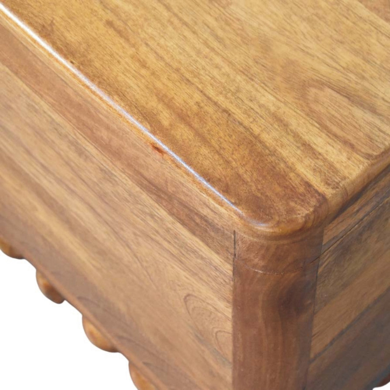 Amber Oak Bola Storage Trunk Bench in Solid Mango Wood - product view 4 showing handcrafted solid mango wood bench