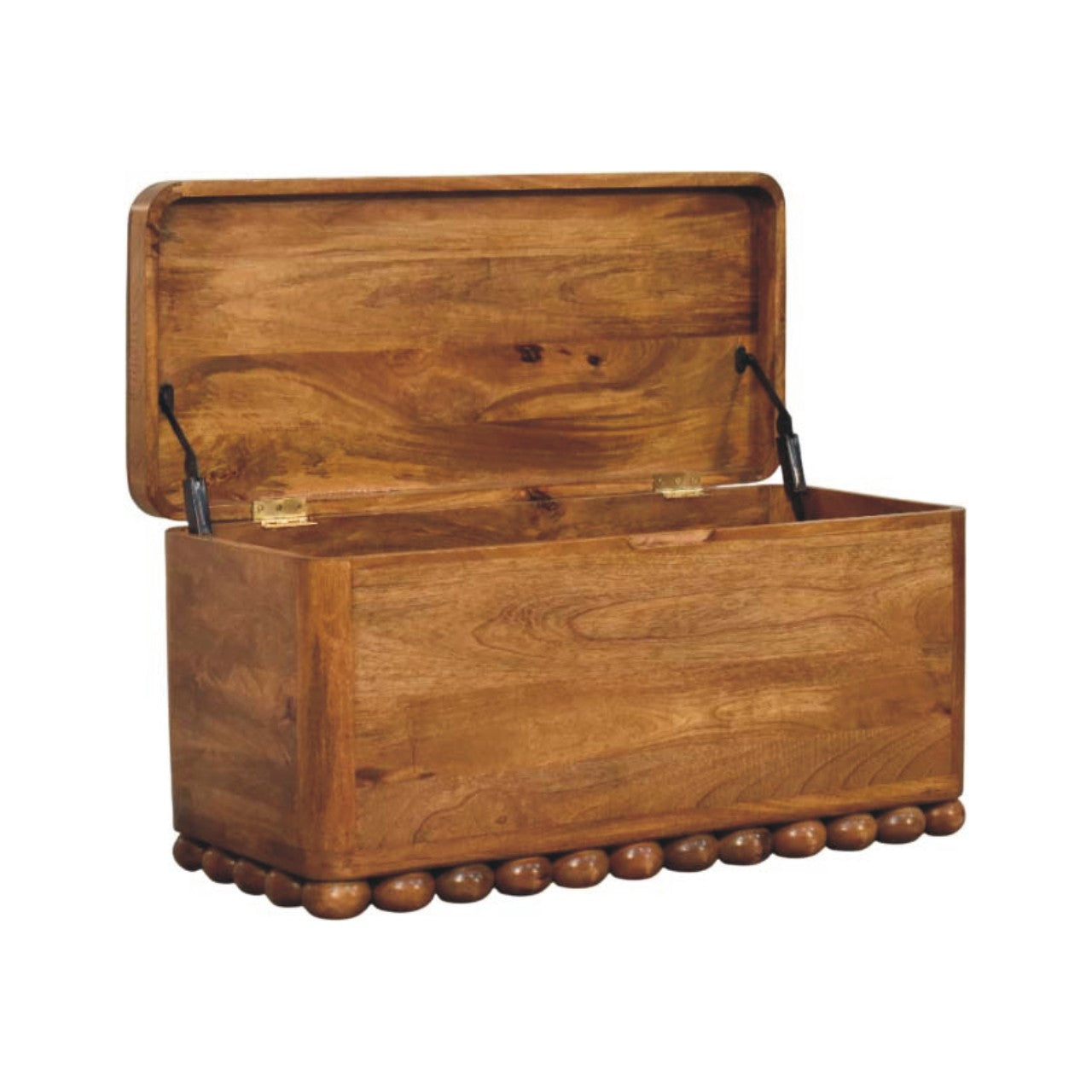 Amber Oak Bola Storage Trunk Bench in Solid Mango Wood - product view 6 showing handcrafted solid mango wood bench