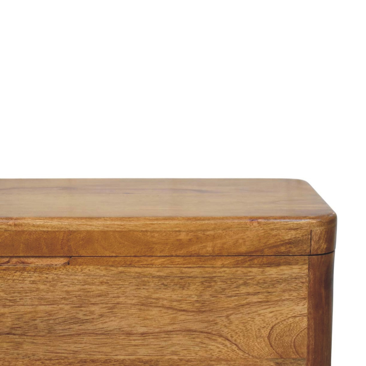 Amber Oak Bola Storage Trunk Bench in Solid Mango Wood - product view 3 showing handcrafted solid mango wood bench