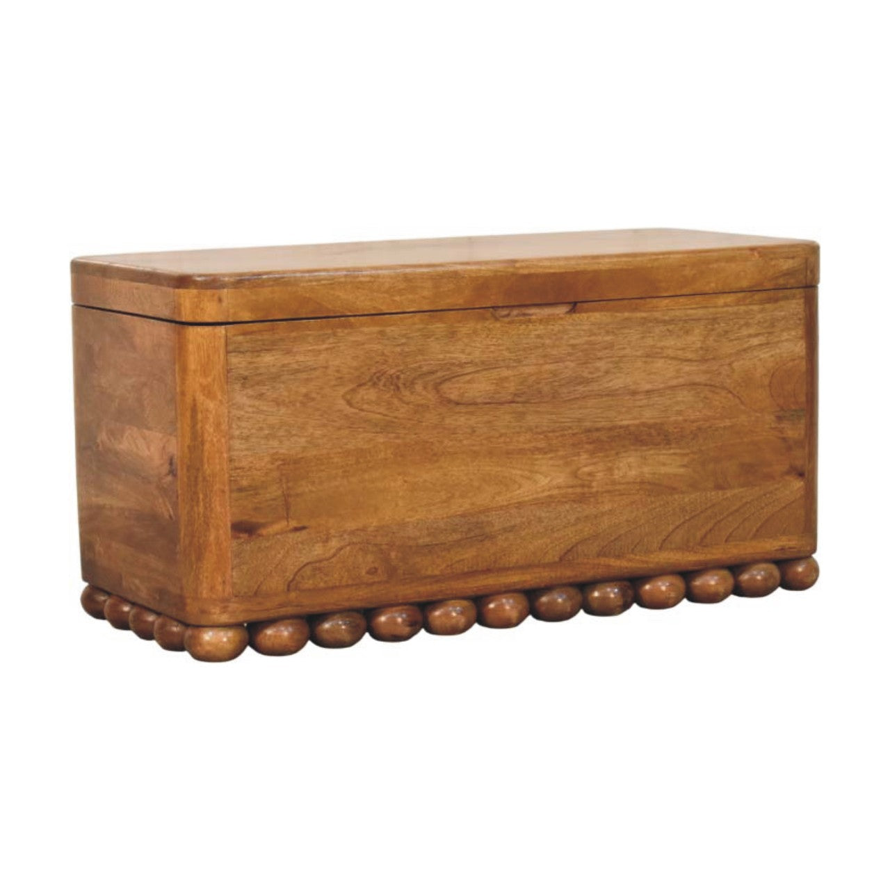 Amber Oak Bola Storage Trunk Bench in Solid Mango Wood - main view showing handcrafted solid mango wood bench