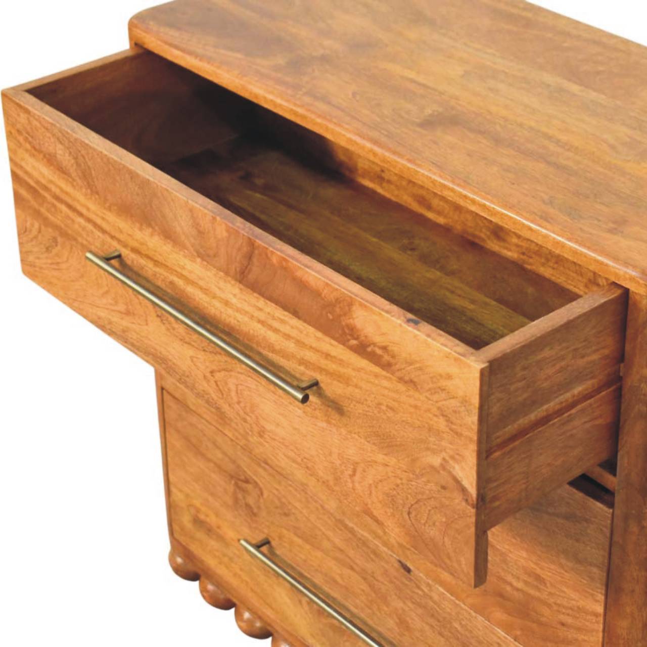 Amber Oak Bola Storage Chest in Solid Mango Wood - product view 5 showing handcrafted solid mango wood dresser