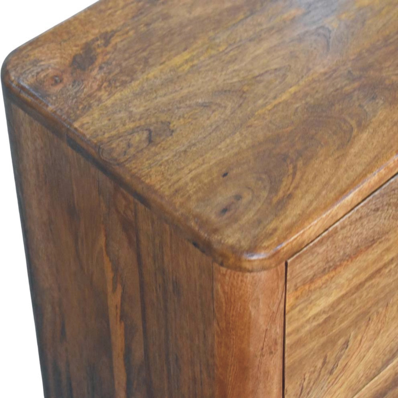 Amber Oak Bola Storage Chest in Solid Mango Wood - product view 4 showing handcrafted solid mango wood dresser