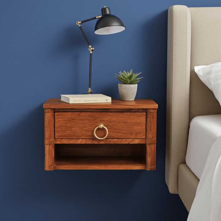 Box Frame Chestnut Wall Mounted Nightstand - Solid Mango Wood Floating Bedside Table - main view showing handcrafted...