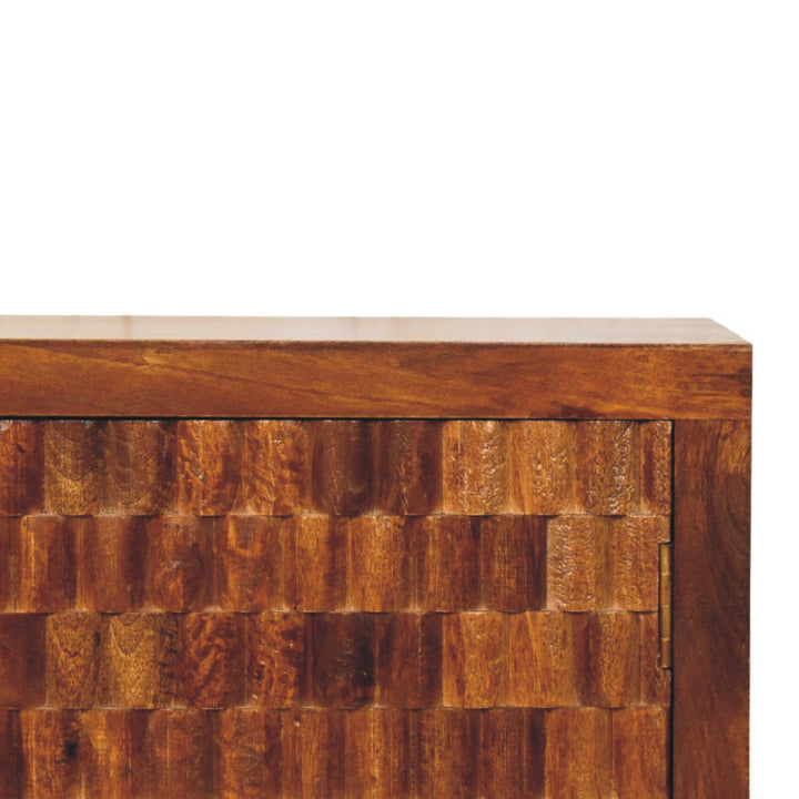 Chestnut Cadiz Carved Cabinet in Solid Mango Wood - product view 3 showing handcrafted solid mango wood dresser