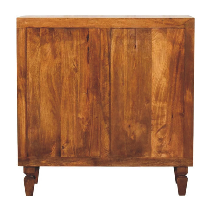 Chestnut Cadiz Carved Cabinet in Solid Mango Wood - product view 6 showing handcrafted solid mango wood dresser